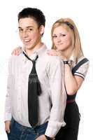 Portrait of cheerful student pair. Isolated