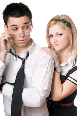 Funny playful student pair. Isolated