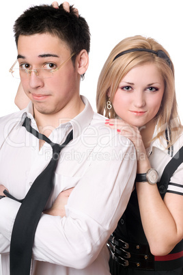 Portrait of pretty funny student pair. Isolated