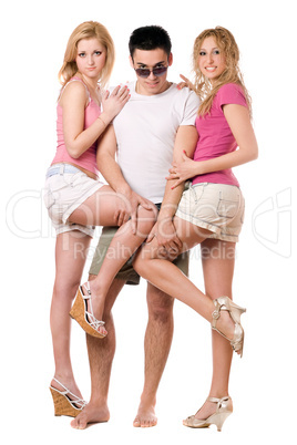 Young man and two playful girls