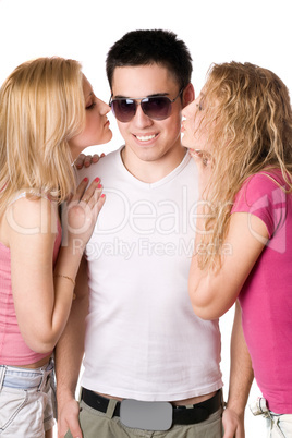 Two pretty blonde kissing young man