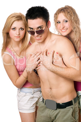 Two beautiful blonde women with young man