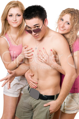 Two smiling pretty blonde women with young man