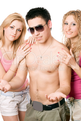Two happy pretty blonde women with young man