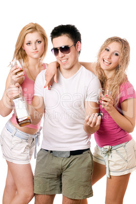 Two pretty blonde woman and young man