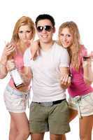 Two beautiful blonde women and young man