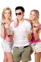 Two attractive blonde woman and young man