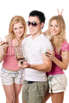 Two cheerful blonde woman and young man