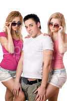 two pretty blonde women with handsome young man