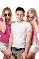 two sensual blonde women with handsome young man