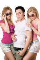 two passionate blonde women with handsome young man