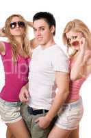 two playful blonde women with handsome young man