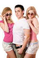 two blonde women with handsome young man