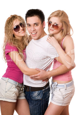 two cheerful women and handsome young man