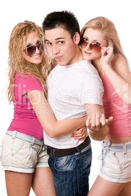 two playful women and handsome young man