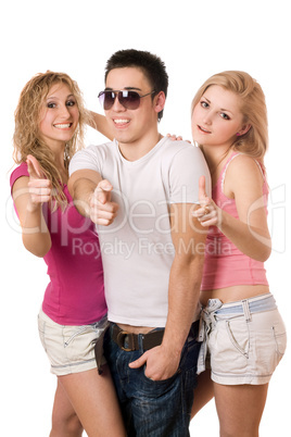 two smiling sexy women and handsome young man