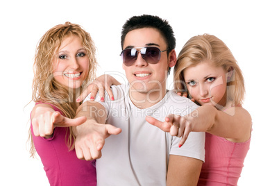 Portrait of two cheerful blonde with handsome young man