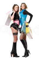 Two attractive young women after shopping