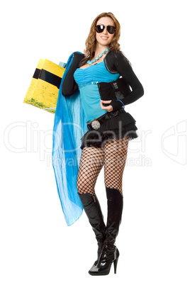 Happy beautiful young woman after shopping. Isolated