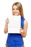 Smiling young woman holding empty white board