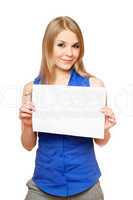 Beautiful young woman holding empty white board