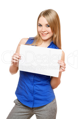 Cheerful young woman holding empty white board