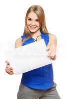 Joyful young woman holding empty white board