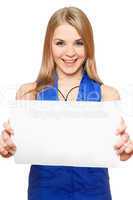 Happy young woman holding empty white board