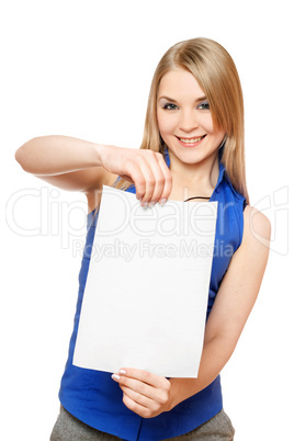 Pretty young woman holding empty white board