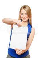 Pretty young woman holding empty white board