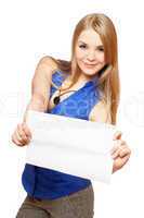 Attractive young woman holding empty white board