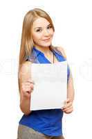Lovely young woman holding empty white board