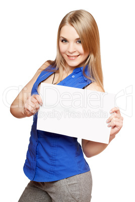 Happy young blonde holding empty white board