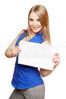 Happy young blonde holding empty white board