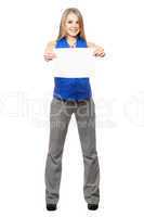 Happy young blonde holding empty white board. Isolated