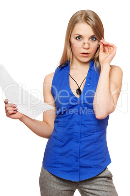 Shocked young business woman in glasses