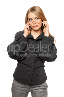 Discontented young blonde in a gray business suit