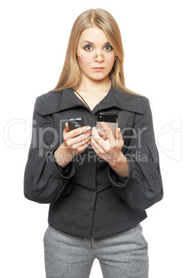 Surprised young blonde in a gray business suit