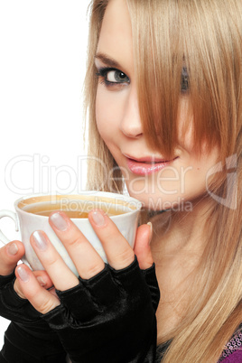 Smiling lovely young blonde with a cup