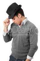 Handsome young man wearing black hat. Isolated