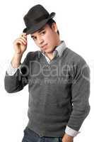 Young handsome man wearing black hat. Isolated