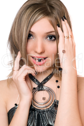 Portrait of smiling pretty girl with a bead