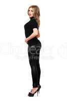 Attractive young woman in leggings. Isolated