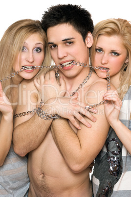 Two attractive girls and a guy