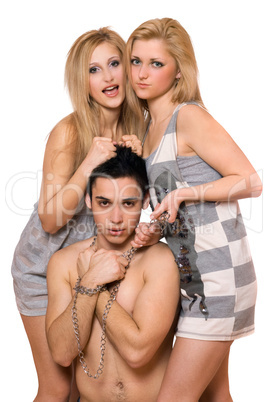 Two blonde and a guy in chains