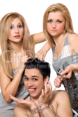 Two young blonde and a guy in chains