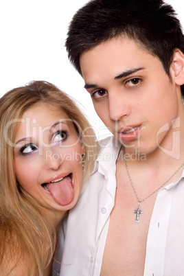 Young man and funny girl. Isolated