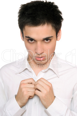 Portrait of handsome young man in a white shirt