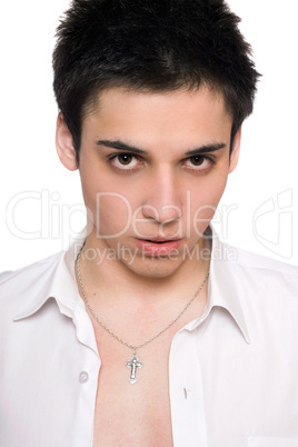 Closeup portrait of young man in a white shirt