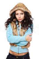 Portrait of perfect young brunette in the hood. Isolated